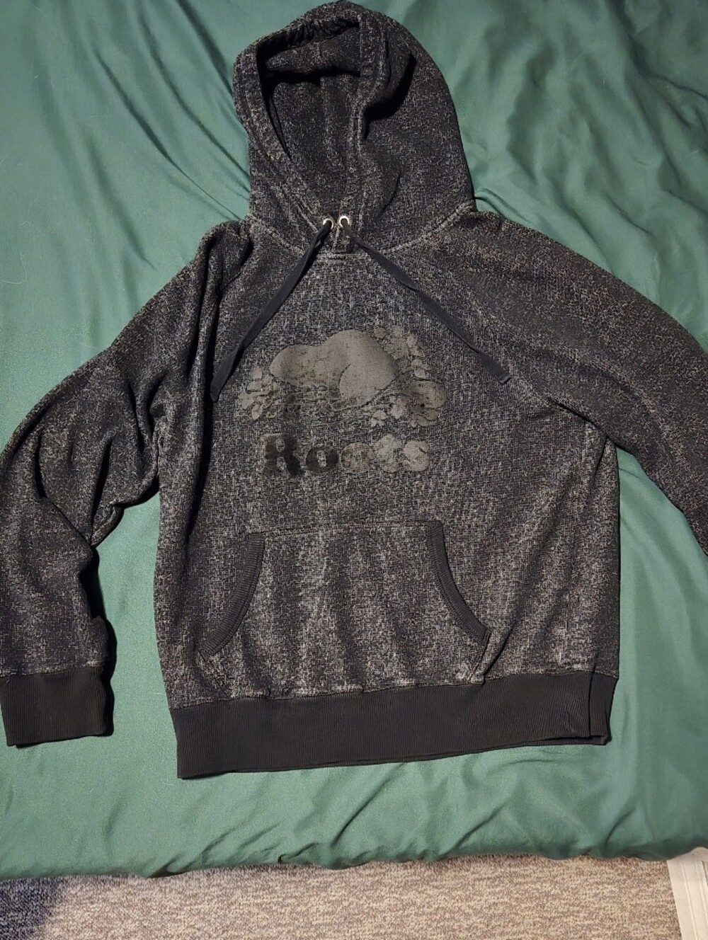 Roots Black & Grey Marled Hoodie Sweatshirt Size Large -washwear On Logo
